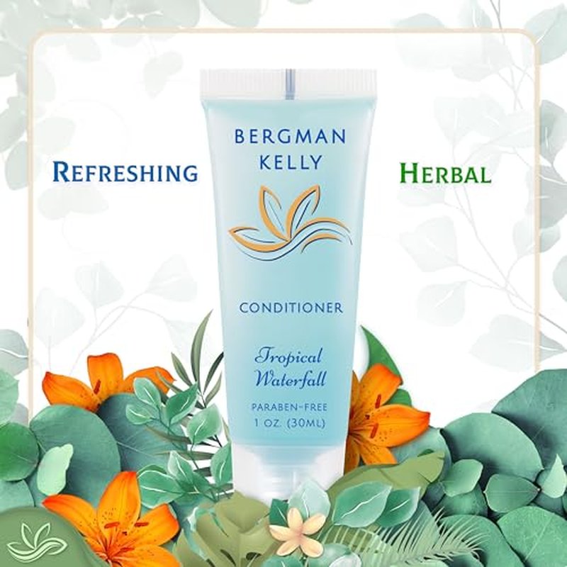 BERGMAN KELLY Hotel Toiletries Bundle (Tropical Waterfall, 1 oz each, 40 Pcs) 4-Piece Set: 10 Rectangular Bar Soap, 10 Shampoo, 10 Conditioner & 10 Body Lotion - Bulk Mini Guest Amenities Supply