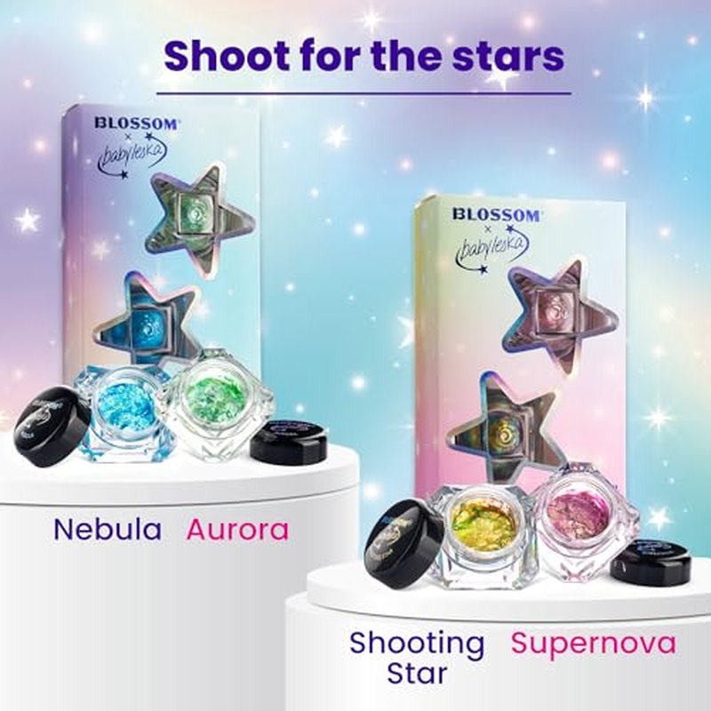 Blossom x babyleska Stellar Glow Gel Chrome Flake Eyeshadow Flake Multichrome Color Gradient Shiny Eye Shadow Topper Multi-Tone High Shine Finish Metallic Glitter Shimmer, 2pk, Aurora/Nebula