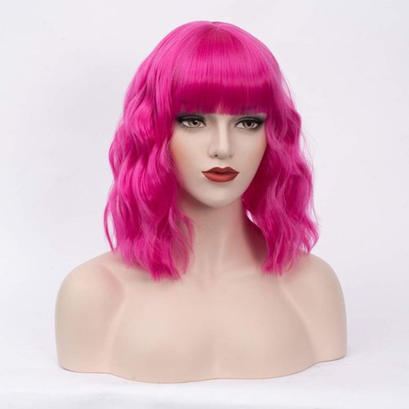 BUFASHION 14" Women Short Wavy Curly Wig Dark Pink Bob Wig Cosplay Halloween Synthetic Wigs With Neat Bang Wig With Free Wig Cap (Dark Pink 1)