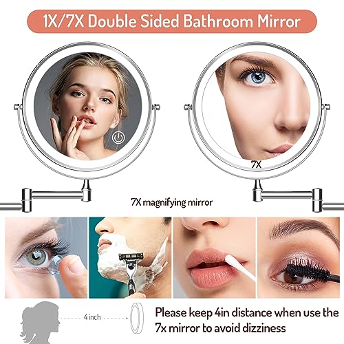 Rocollos Rechargeable Wall Mounted Lighted Makeup Mirror, 8 Inch Double-Sided LED Vanity Mirror 1X/7X Magnification,3 Color Lights Touch Screen Dimmable 360°Swivel 13 Inch Extendable