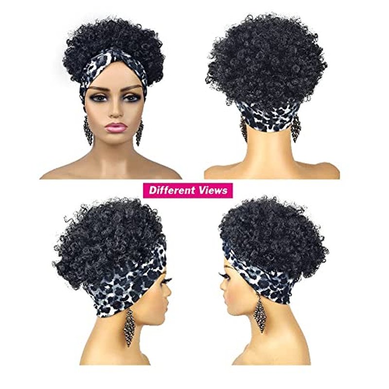 Allyreetress Short Afro Wigs for Black Women Afro Kinky Curly Wigs with Headbands Attached No Drawstring Leopard Short Headband Afro Puff Wigs for Black Women