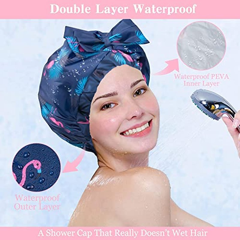 3 Pack Extra Large Double Layer Adjustable Shower Caps for Women, Waterproof Exterior & EVA Lining, Oversized Design for All Hair Lengths