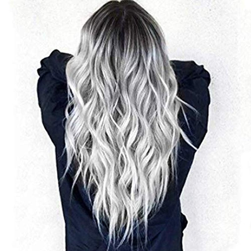 ponyttda Long Sliver Wavy Wigs for Women Middle Part Gray Wig 26 inch Natural Curly Synthetic Wig Heat Resistant Fiber Wigs for Daily Party Use, Halloween Wig