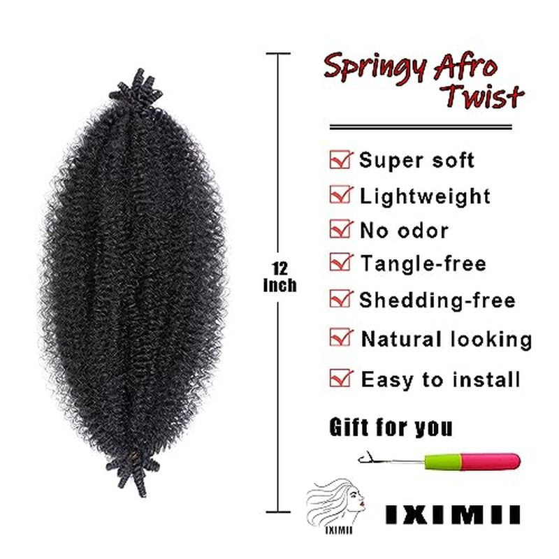 IXIMII 12 Inch Springy Afro Twist Hair 3 Packs Pre-Separated Kinky Marley Twist Braiding Hair Soft Synthetic Crochet Hair Extensions for Spring Twists and Bomb Twists Style,Natural Black