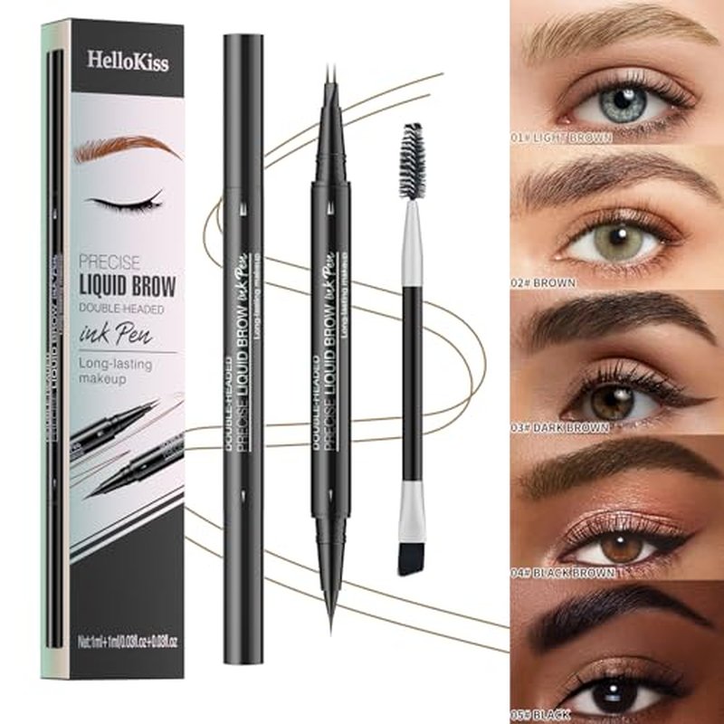 9708 2-Tip Double-Ended Eyebrow Pen, 2-in-1, with Eyebrow Brush. Waterproof and Sweat Proof,Precise Liquid Brow, 5 Shades, Long-Lasting (1#Light Brown)