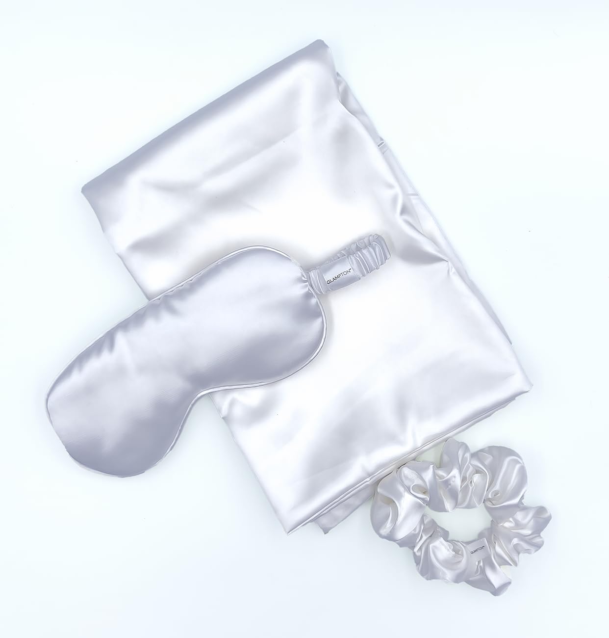 Glampton Slumber Satin Beauty Sleep Set, White, 3-Piece Set with Pillowcase, Eye Mask, and Scrunchie