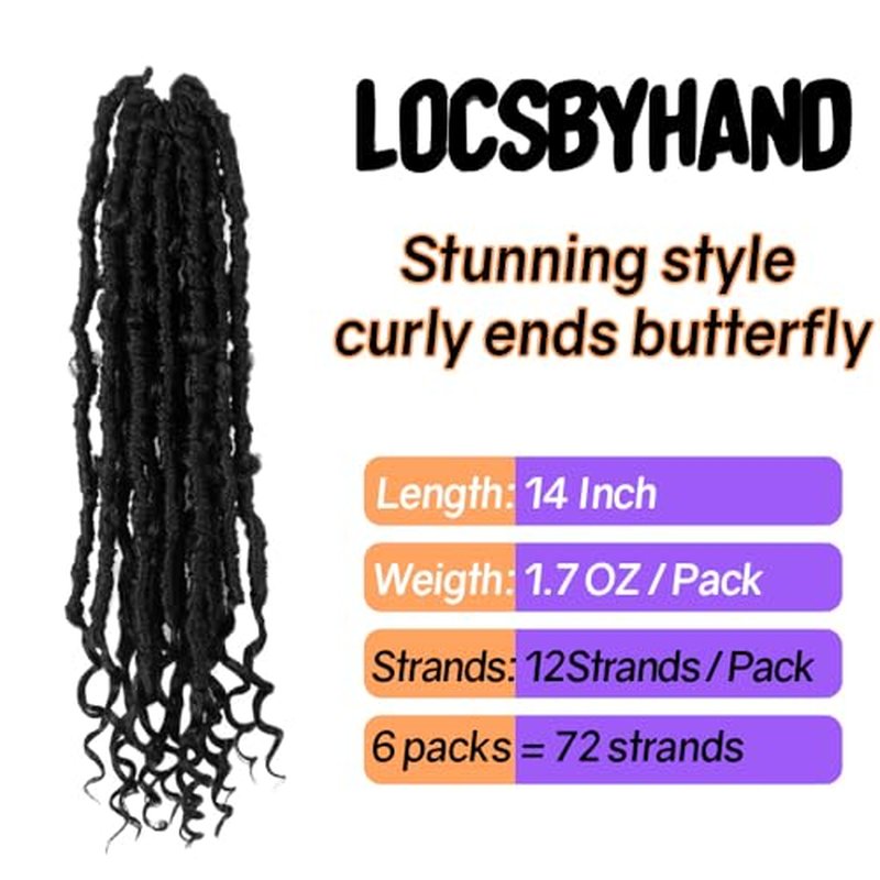 Crochet Butterfly Locs with Curly Ends 14 Inch, Boho Distressed Butterfly Locs Crochet Hair, Black Bohemian Goddess Faux Butterfly Braids with Curly Ends (6 Packs, 1#)