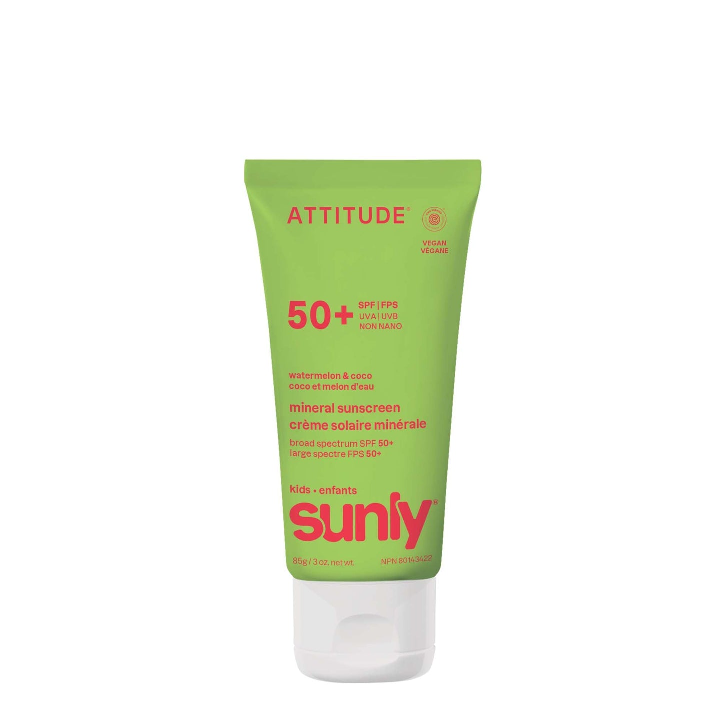 ATTITUDE Kids Mineral Sunscreen SPF 50, Broad Spectrum Zinc Oxide, EWG Verified, Mineral-Based, Non-Nano, Lightweight Cream for Face & Body, Gentle Formula, Watermelon & Coco Scent, 3 Oz