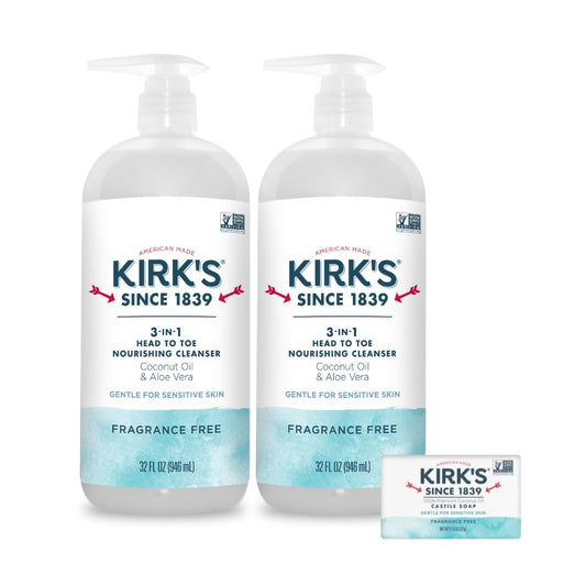 Kirk's 3-in-1 Head to Toe Nourishing Liquid Cleanser & Travel Size Bar Soap - for Men, Women & Children - Premium Coconut Oil and Aloe Vera- Non GMO & Vegan -Fragrance Free - 32 Fl Oz. 2 pack