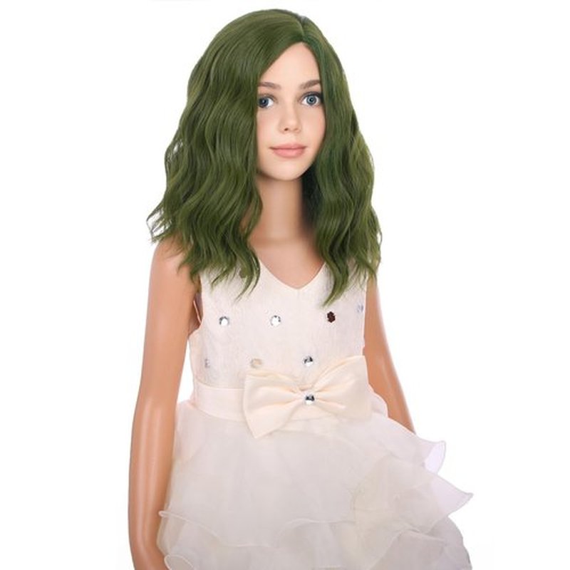 PATTNIUM Kids Child Olive Green Wig Dark Green Wig for Child Short Curly Wavy Green Wig Girls Shoulder Length Wigs Synthetic Cosplay Wig with Wig Cap