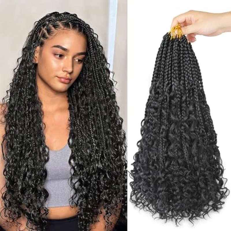 9 Pack Boho Box Braids Crochet Hair - 18 Inch Pre-looped Goddess Box Braids Crochet Hair Bohemian Crochet Boho Crochet Braids With Curly Ends Synthetic Crochet Hair For Women（18 Inch,1B)
