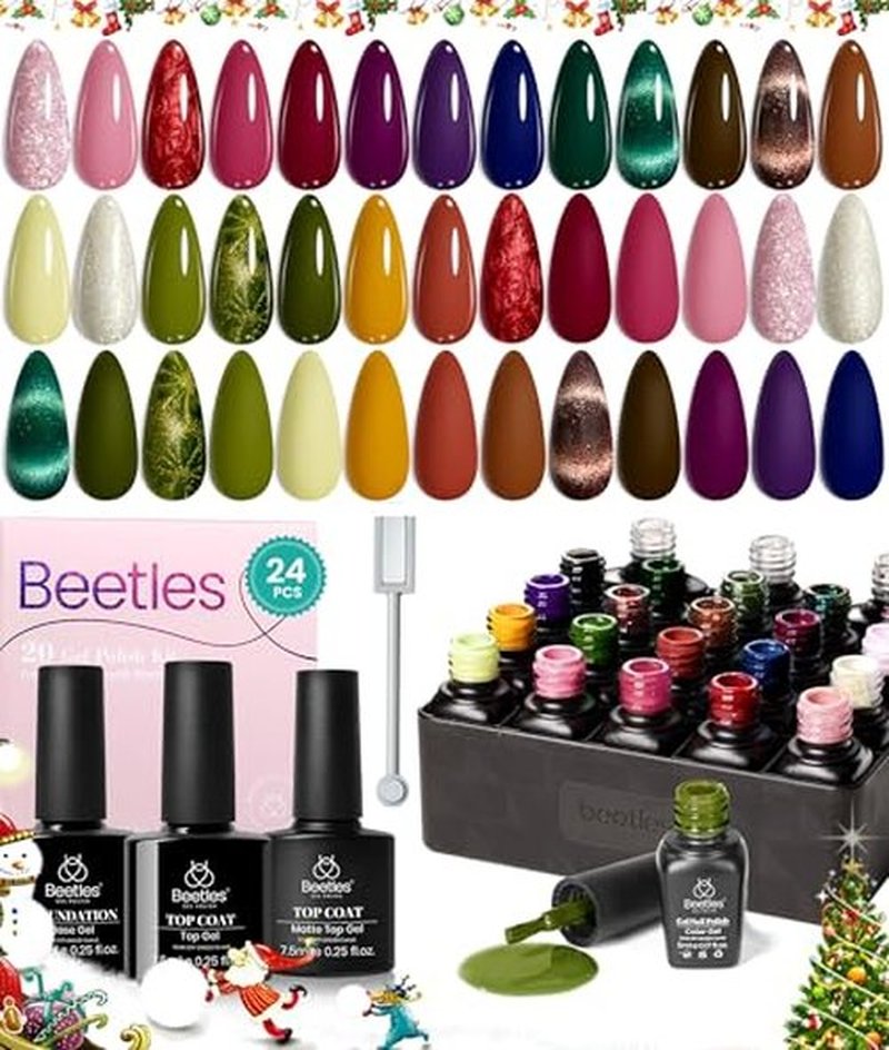 Beetles 20 Colors Gel Nail Polish Set, 24 Pcs Purple Blue Hot Red Gel Nail Polish Green Glitter Gel Polish Unicorn Collection Soak off UV Glitter Gel Nail Kit with Glossy & Matte Top and Base Gifts