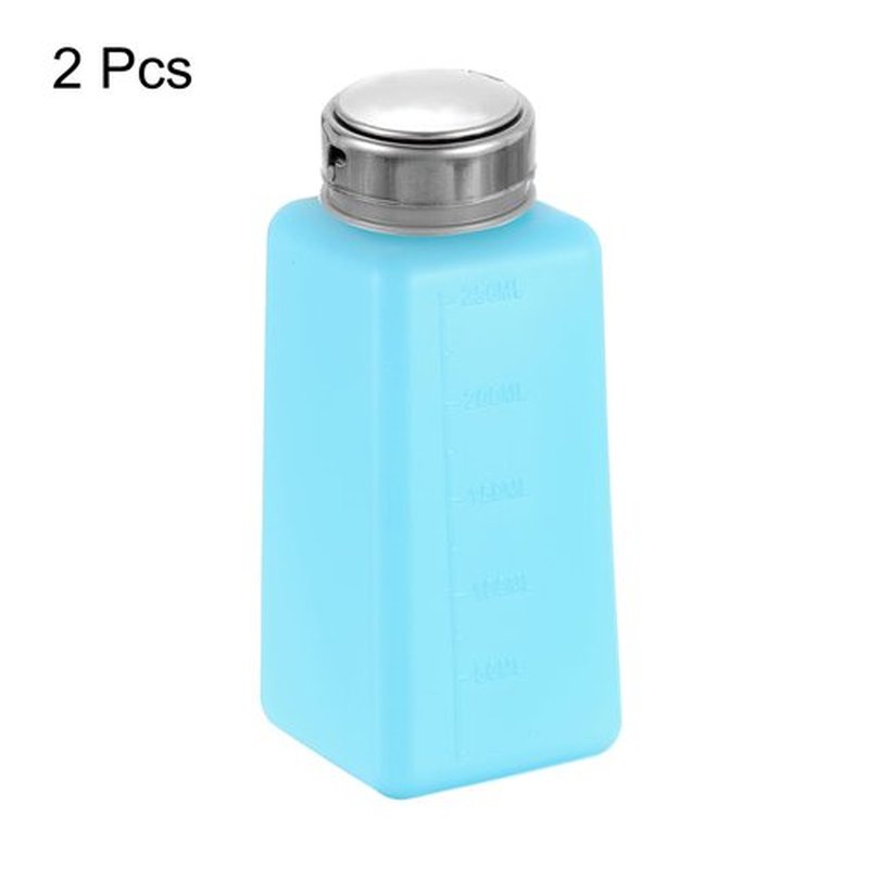 HARFINGTON 2pcs Solvent Alcohol Dispenser 250ml(8.8oz) Nail Polish Remover Push Down Liquid Dispenser Pump Bottle with Stainless Steel Press Head for Acetone Cleanser Polish Remover, Blue