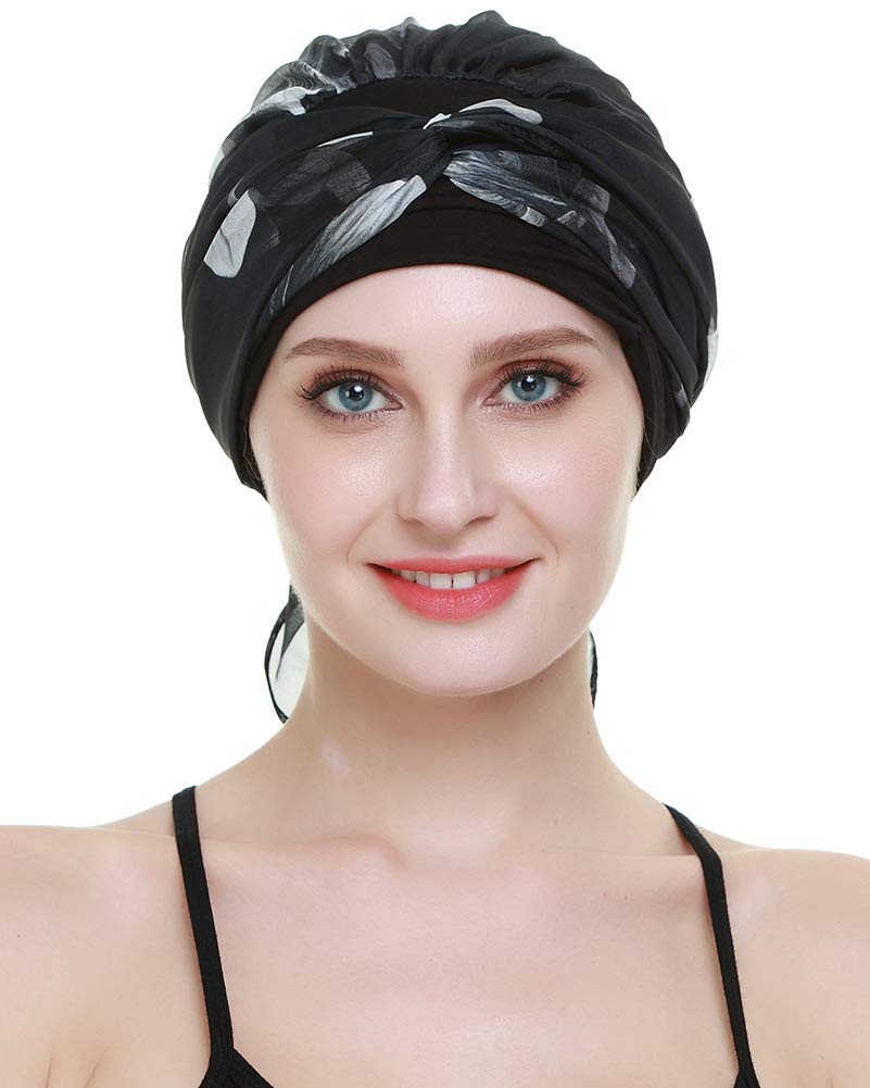 Chemo Caps for Women Light Weight Cancer Scarf Feminine Head Cover for Long Hair Girls White Flowers