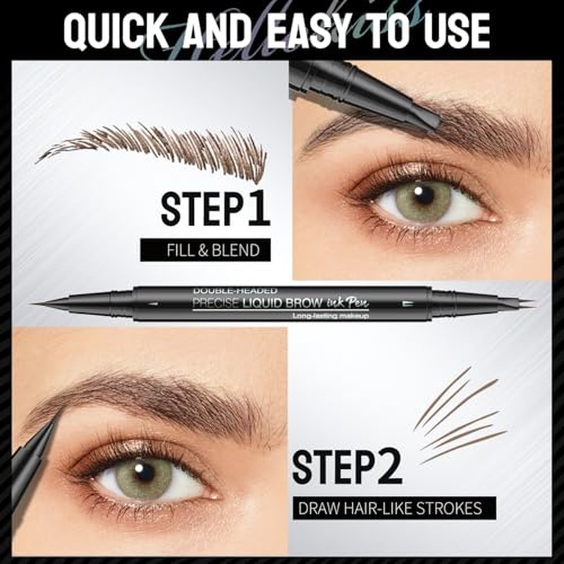 9708 2-Tip Double-Ended Eyebrow Pen, 2-in-1, with Eyebrow Brush. Waterproof and Sweat Proof,Precise Liquid Brow, 5 Shades, Long-Lasting (1#Light Brown)