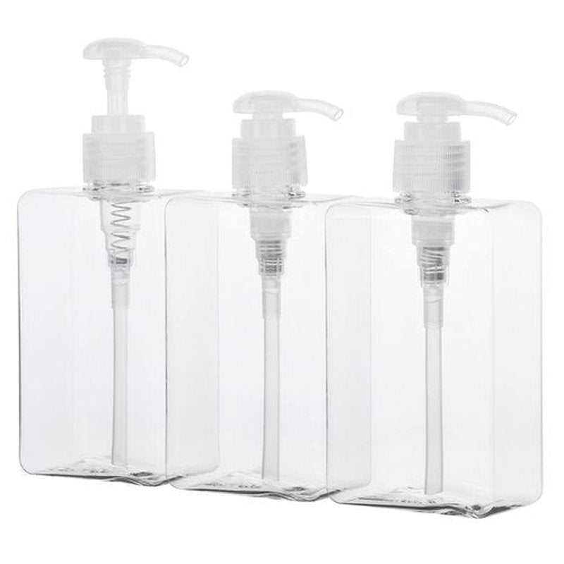 Suream Refillable Shampoo and Conditioner Bottles, 9.5oz/280ml Clear Plastic Pump Dispensers for Shower, Square Empty Bathroom Bottle for Body Wash, Essential Oil, Soap Liquid, Lotion, 3Pack