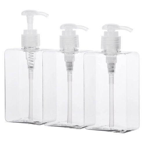 Suream Refillable Shampoo and Conditioner Bottles, 9.5oz/280ml Clear Plastic Pump Dispensers for Shower, Square Empty Bathroom Bottle for Body Wash, Essential Oil, Soap Liquid, Lotion, 3Pack