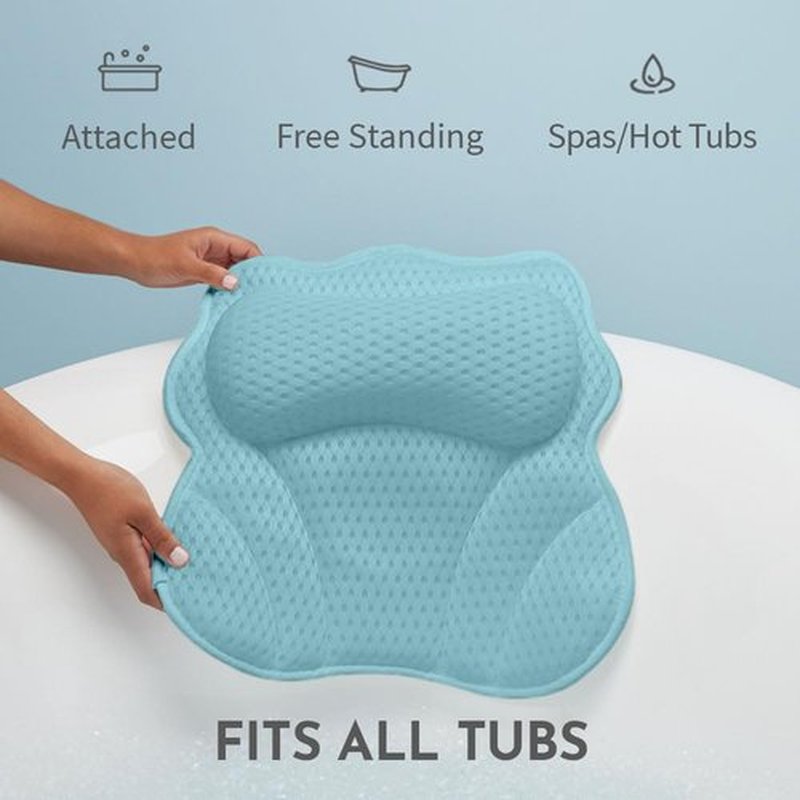 WONDERfoam Thick Padded Ergonomic Bath Pillow for Tub, Support for Head Neck and Back, Slip-Resistant, Machine Washable Breathable Quick Dry Mesh Bathtub Headrest Pillows, Rest Accessories, Spa Blue
