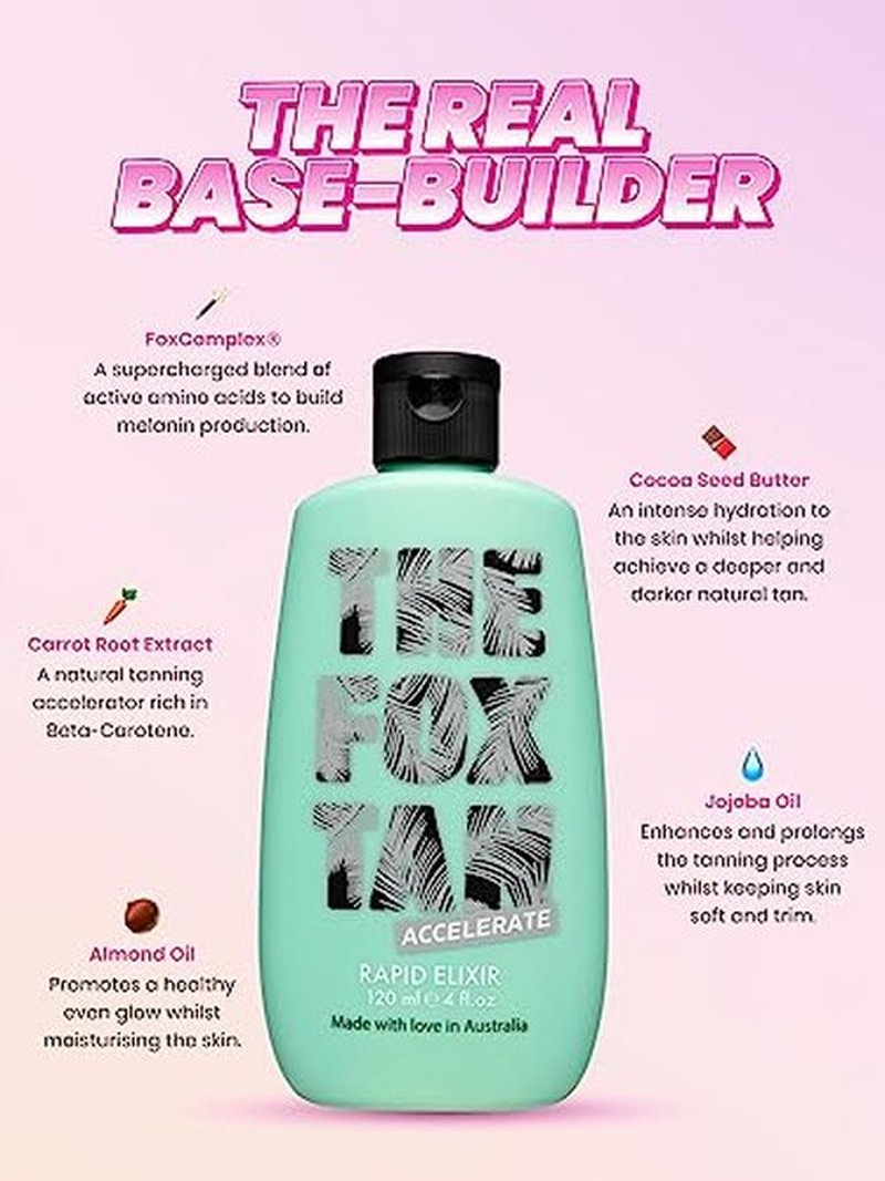 The Fox Tan Rapid Tanning Elixir, Natural Tanning Accelerator Lotion For Darker & Faster Tans, Creates Flawless Tan Skin, Vegan & Cruelty-Free, 120mL