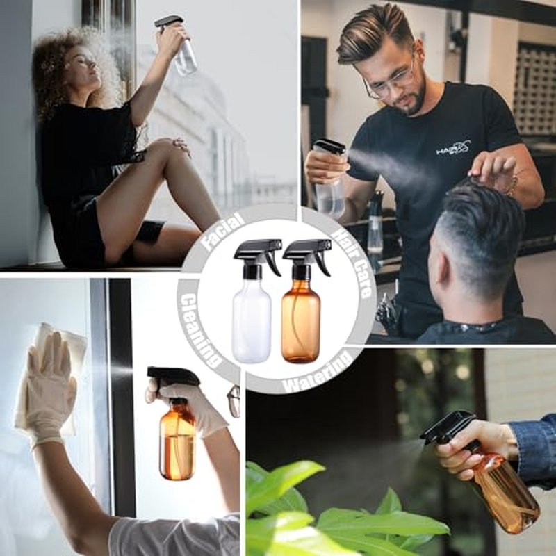 Plastic Spray Bottles Small, Mister Squirt Bottle 2 Pack, 10.1 oz Amber Refillable Empty Spray Bottles with Adjustable Mist/Stream, Water Spray Bottle for Hair, Plant, Pet, Cleaning, Cooking