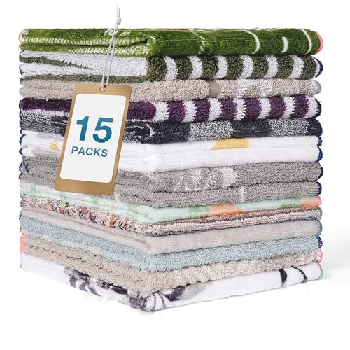 SUMSOFT Cotton Washcloths Towel Set 15 Pack 10"x10" Soft Face Cloths for Washing Face, Multi-Purpose Fingertip Wash Cloths for Showering, Hotel, Spa, & Kitchen
