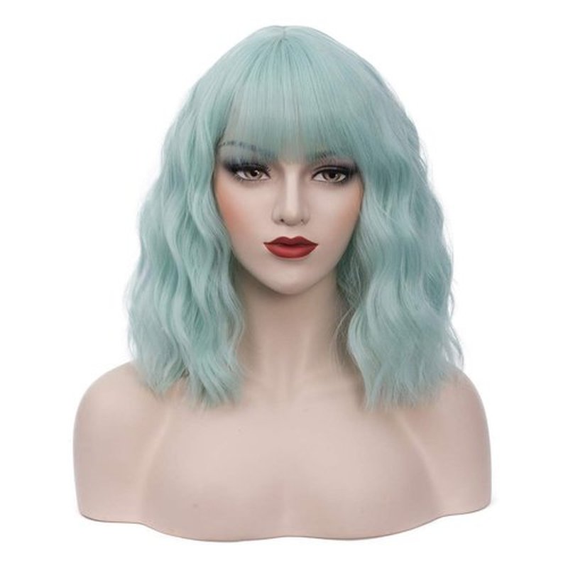 BUFASHION 14" Women Short Wavy Curly Wig Mint Green Bob Wig Cosplay Halloween Synthetic Wigs Wigs With Neat Bang Wig With Free Wig Cap (Mint Green)