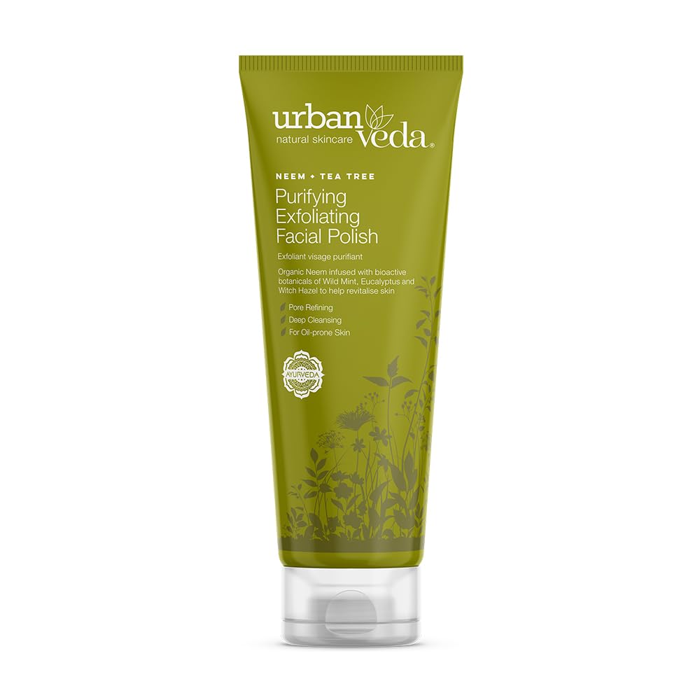 Urban Veda Purifying Exfoliating Face Scrub | Acne Face Wash Scrub with Neem Oil | Oil Cleanser Facial Scrub with Witch Hazel | Tea Tree Oil Exfoliator | Purifying Exfoliating Facial Polish|4.2 Fl oz