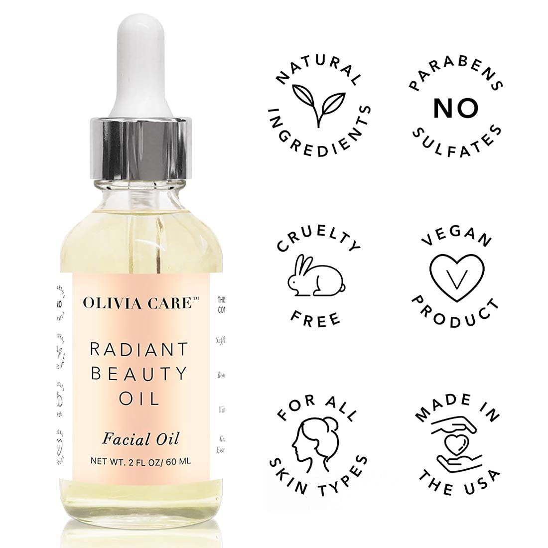 Olivia Care Facial Oil Infused with Argan, Safflower, Vitamin E & Geranium Essential Oil - All Natural - Hydrating, Anti-aging & Antioxidants - Remove Wrinkles & Clear Pores - 2 FL OZ
