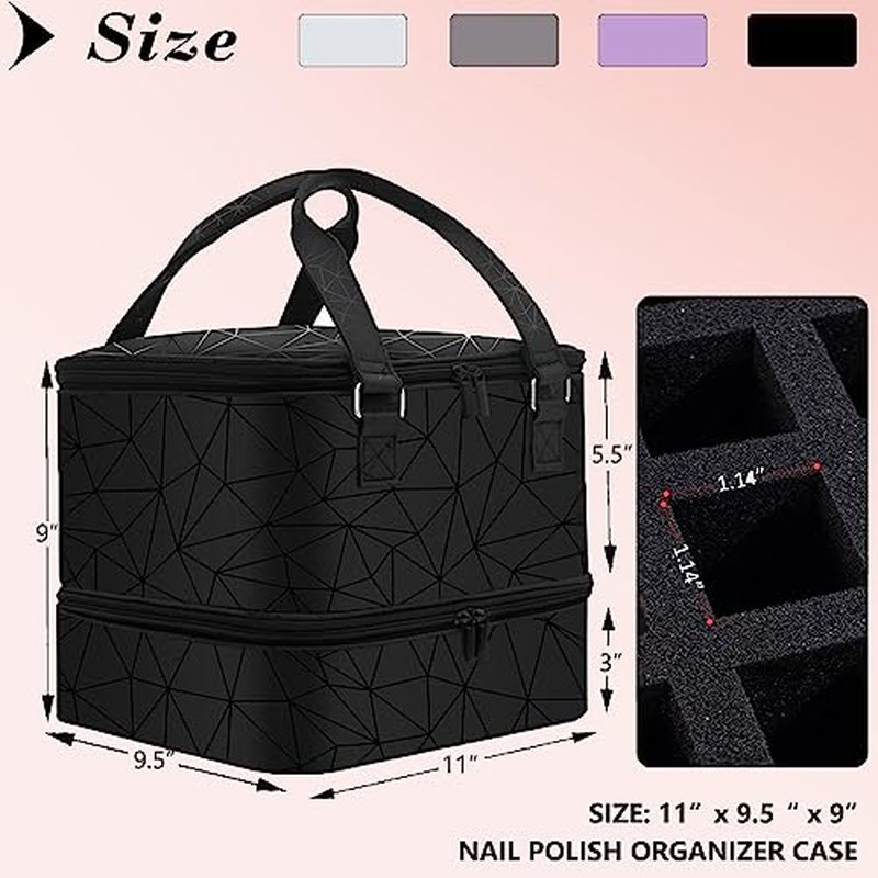 FCQQYWZ Nail Polish Organizer Case - Holds 42+ Bottles (15ml/0.5 fl.oz) and 1 Nail Lamp, Upgraded Double-layer Nail Polish Carrying Case Nail Polish Storage Bag with Handles (Black)