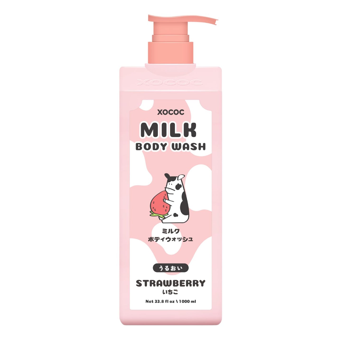 XOCOC Strawberry Milk Body Wash, 33.8 fl oz, Moisturizing Body Cleanser with Milk Protein & Strawberry Scent, Creamy Lather for Soft Smooth Skin, All Skin Types, Paraben Free, 1 Liter
