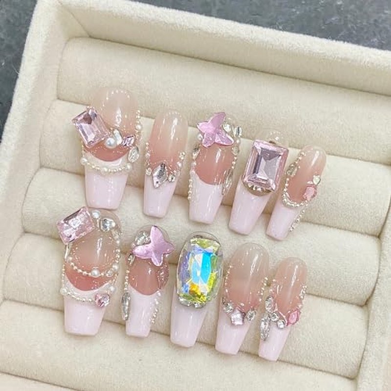 Wsliana Handmade Press On Nails Medium Coffin Shape Mid French Tip Design Rhinestone Details White and Pink 10pcs Glue On Acrylic Fake Nails with Storage Box Comfortable Nail Kit (079 S)