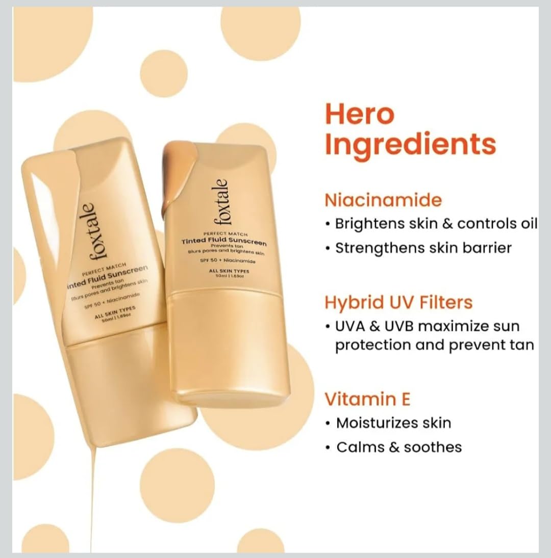 Fox..tale Perfect Match Tinted Fluid Sunscreen SPF 50 PA++++, Clay Shade with Niacinamide and Vitamin E, UVA/UVB Protection, Blurs Pores, Evens Tone, Non-Oily Glow, All Skin Types, 1.69 oz