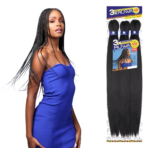 Sensationnel Ruwa prestretched braiding hair - 3x 48 inch water repellent kanekalon fast dry synthetic sports itch free (5 pack, 1 JETBLACK)