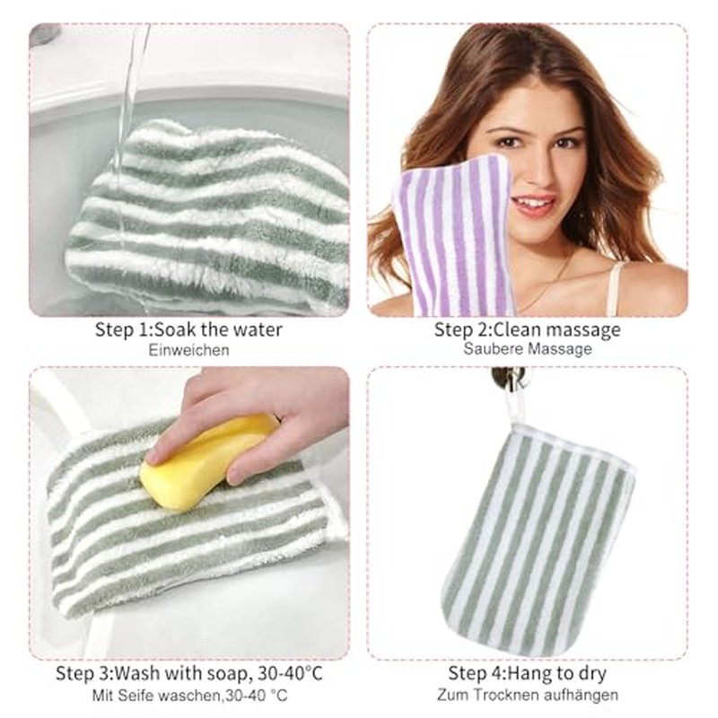 6 Striped Bath Mitts Washcloths, PHOGARY Small Hand Towels with Hanging Loop, 5"x8" Super Absorbent Soft Coral Fleece Face Towels Kid Teen Adult Body Facial Cloths Machine Washable Cloth for Showering