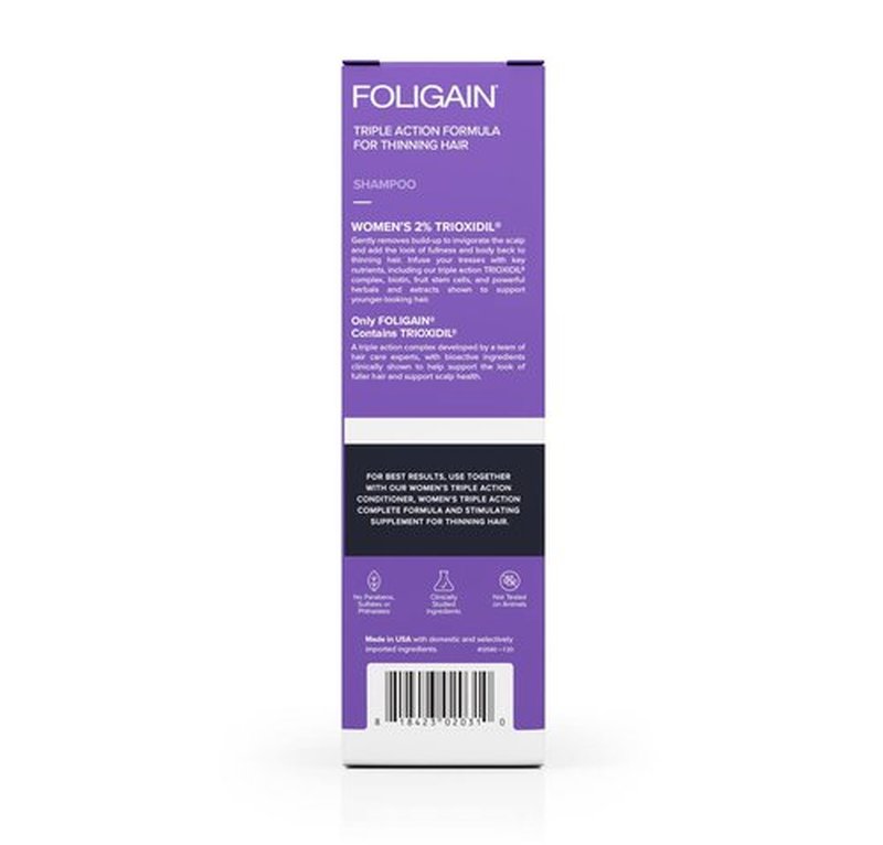 Foligain Triple Action Shampoo For Thinning Hair, Women’s Volumizing Shampoo with 2% Trioxidil, 8 Fl. Oz. (WRGroup)