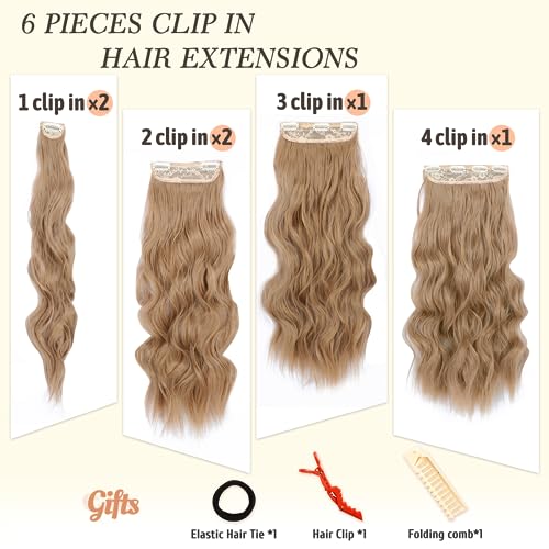 NAYOO Clip in Hair Extensions for Women 20 Inch Long Wavy Curly Ombre Brown to Blonde Hair Extension Full Head Synthetic Hair Extension Hairpieces(6PCS,Ombre Brown to Blonde)
