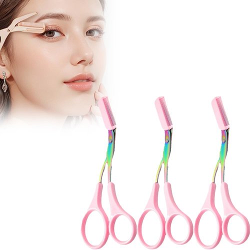 Eyebrow Trimmer Scissors for Women,Non-Slip Stainless Steel Eyebrow Scissors with Comb,2 in 1 Portable Professional Eyebrow Trimmer,Eyebrow Razor Makeup Tool (3 Pcs (Pink))