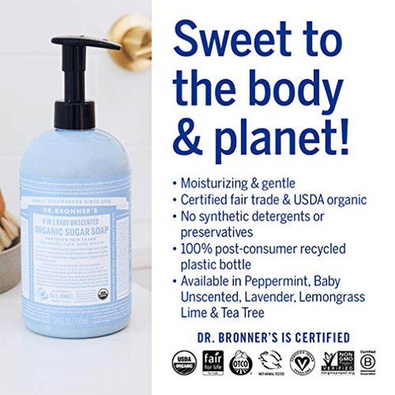 Dr. Bronner’s - Organic Sugar Soap (Baby Unscented, 12 Ounce) - Made with Organic Oils, Sugar and Shikakai Powder, 4-in-1 Use: Hands, Body, Face and Hair, Moisturizes and Nourishes, No Added Fragrance