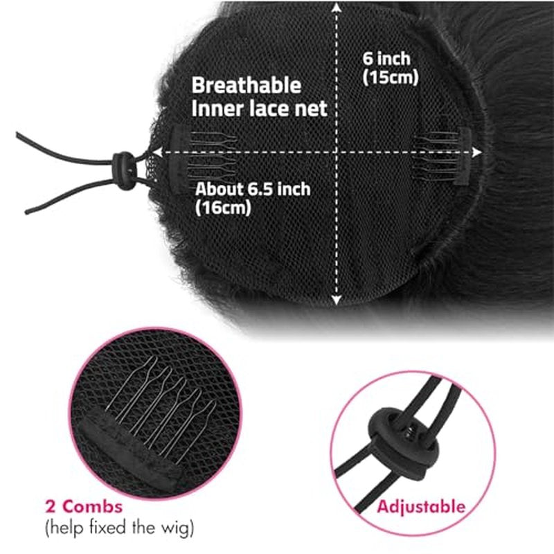 UAmy Hair Long Natural Black Drawstring Ponytail Extension for Women 18inch Loose Curly Ends Yaki Straight Drawstring Ponytail with Bangs Synthetic Kinky Straight Pony Tail Hairpieces for Daily Use