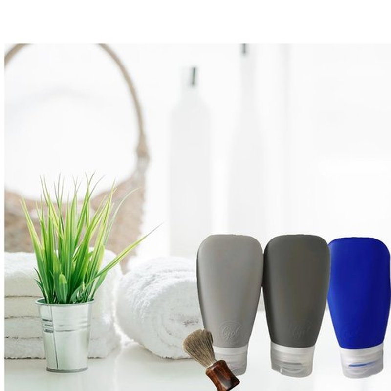 LYOB Leak Proof Silicone Soft Refillable Bottles,TSA 3oz, BPA Free, New 3-Layer Top, Travel Empty Squeeze Bottles for Toiletries, Lotions, Shampoos 3pk (Black-Gray-Blue)