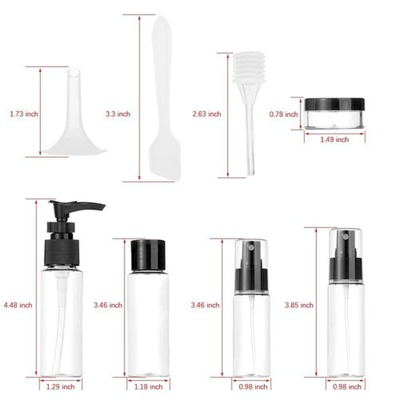 Vitog Travel Bottles Kit, TSA Approved Leak Proof Portable Toiletry Containers Set, Clear flight size PET Cosmetic Containers for Lotion, Shampoo, Cream, Soap, Set of 11 (Black+Plastic)