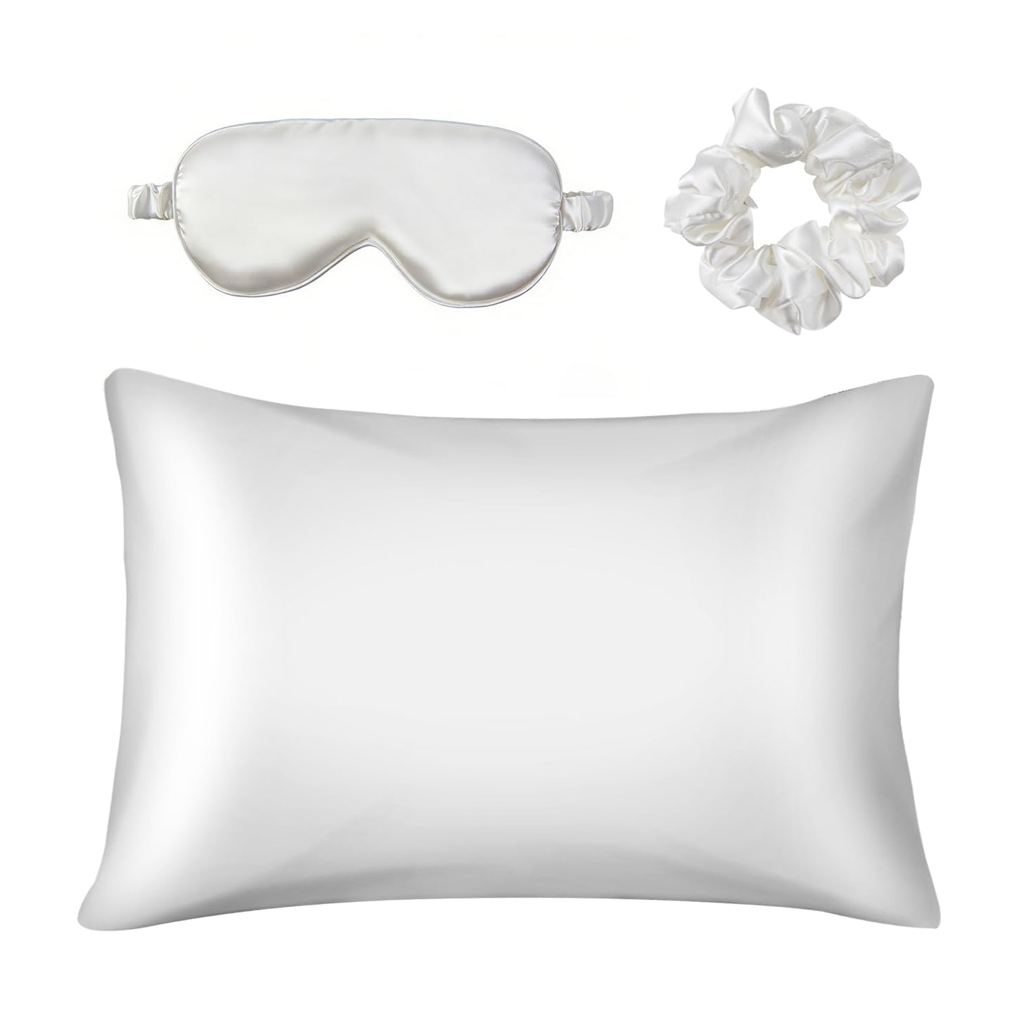 Glampton Slumber Satin Beauty Sleep Set, White, 3-Piece Set with Pillowcase, Eye Mask, and Scrunchie