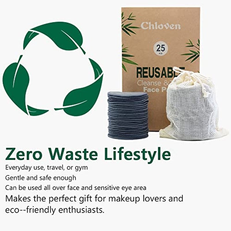 Chloven 25 Pack Charcoal Bamboo Reusable Makeup Remover Pads - Bamboo Reusable Cotton Rounds for Toner, Washable Eco-Friendly Pads for All Skin Types with Cotton Laundry Bag
