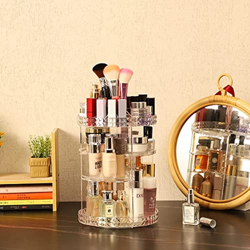 Cq acrylic 360 Degree Rotating Makeup Organizer Countertop For Vanit,Adjustable Make up Holder Height,Clear Plastic Spinning Skincare Organizer for Skin Care Beauty Product Bathroom Organizer,1Pcs