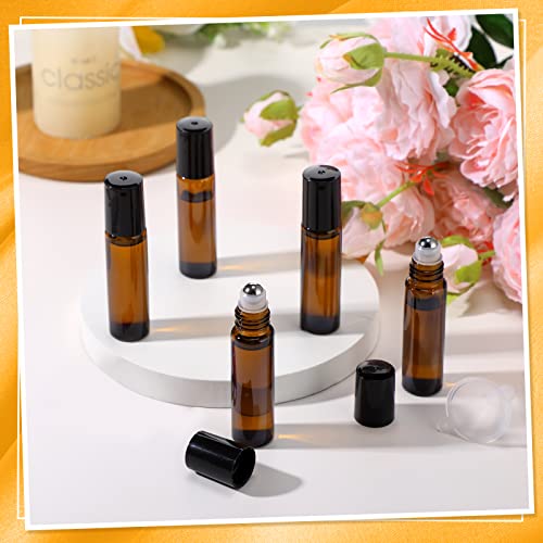 SEEWEY 96 Pcs Essential Oil Roller Bottles 10ml Empty Glass Roller Bottles with Stainless Steel Roller Balls Protection Leakproof with 5 Funnel for Travel Perfume Lip Gloss(Amber)
