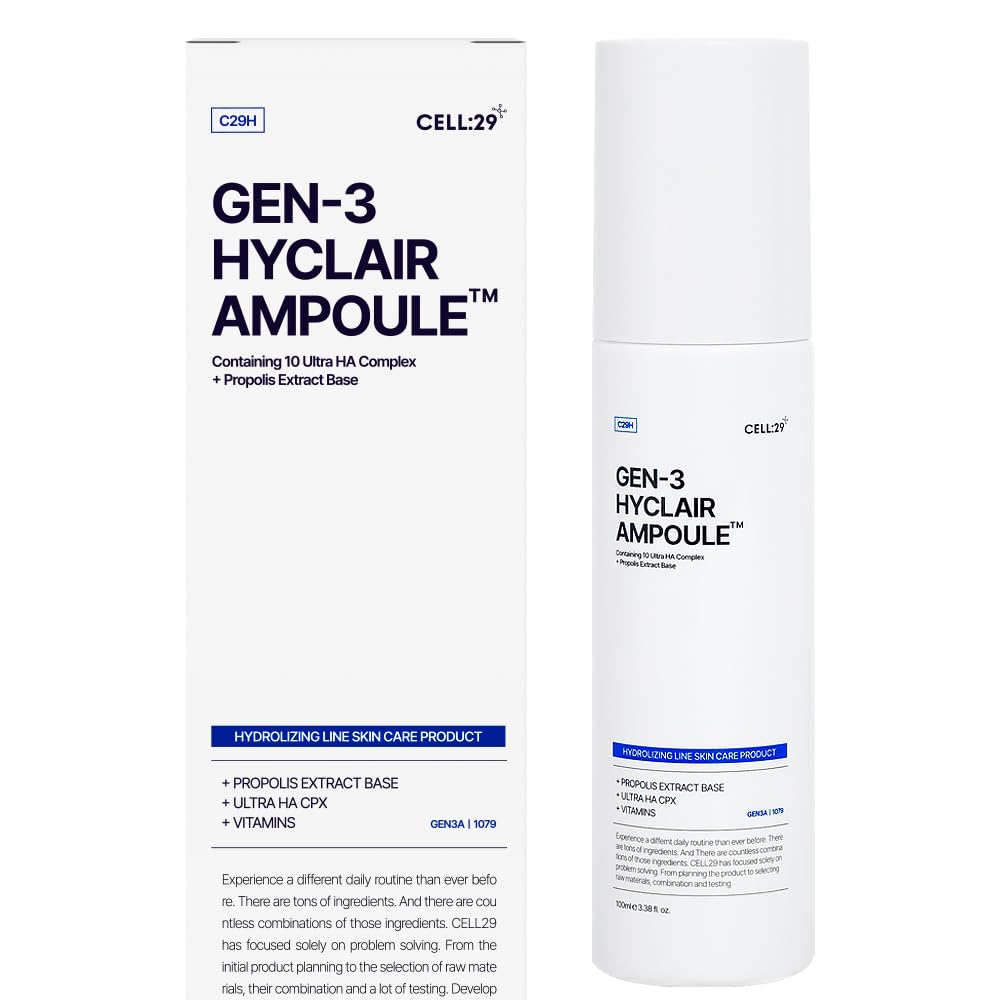 CELL29 Gen3 Hyclair Serum Ampoule 3-Layer Hyaluronic Acid 10 Species Acne Treatment Daily Face Moisturizer Propolis & Collagen 100-Hour Long-Lasting Formula All Skin Types Glass Skin Korean 3.38 Fl.oz