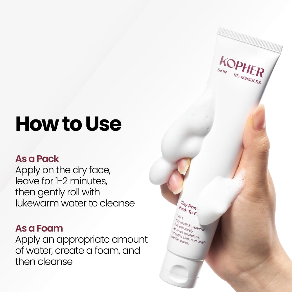 Kopher Clay Prime Pack to Foam [4ever Edition] Facial Cleanser: Hydrating & Purifying Cleanser for Sensitive Skin - Makeup Remover, pH Balanced, Korean Skincare (2.7 fl.oz.)