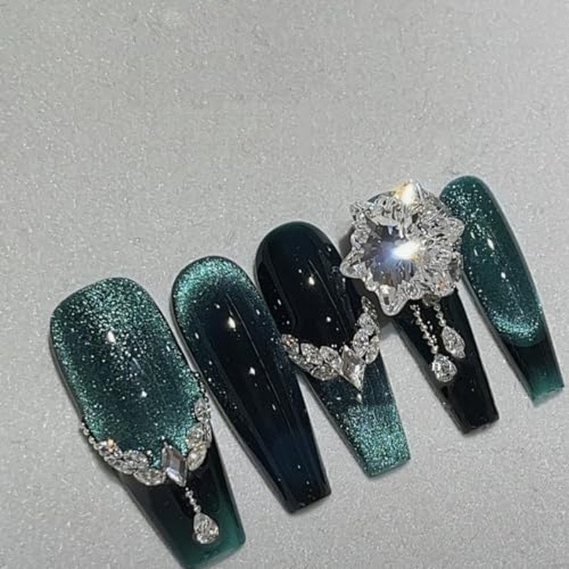 CAMILCY Handmade Nails Press on Almond Shaped Long Pointed Green Crystal Bow Design Hand painted Reusable Gel UV Finished Pre Shaped False Nails for Women 10Pcs 3D Handmade Nails (A013, S)