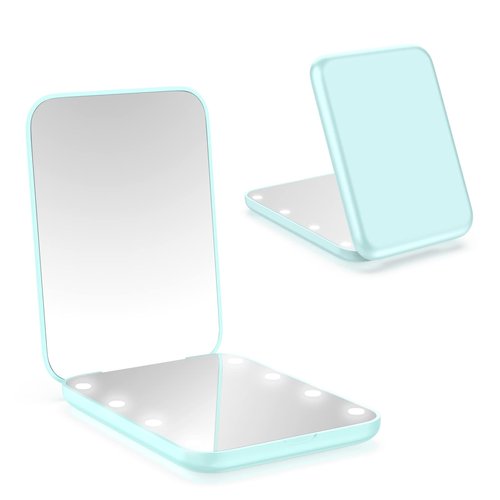 wobsion Small Mirror with Lights,LED Compact Makeup Mirror,1x/3x Mini Travel Mirror with Magnification,Portable Hand Held Mirror for Purse,Pocket,Gifts for Girls,Cyan
