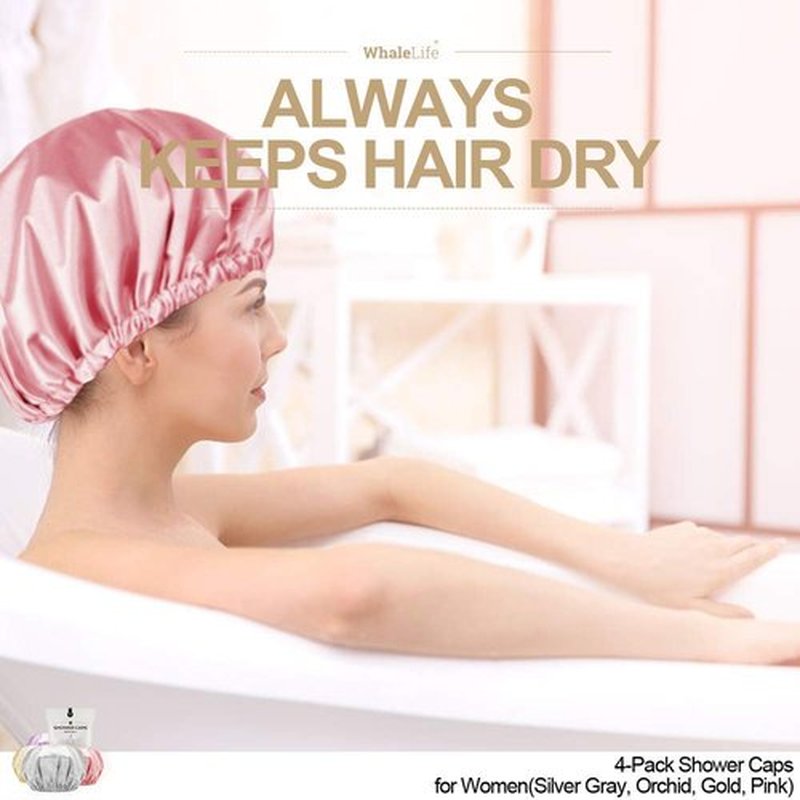 Shower Cap for Women Reusable Extra Large Shower Caps for Men Satin Double Layer EVA Waterproof Long Hair Caps(Silver Gray, Orchid, Gold, Pink 4 Pack)